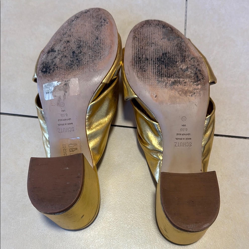 SCHUTZ 8.5 Metallic Gold Knotted Heels - Picture 3 of 5